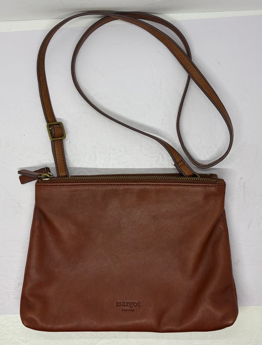 Vintage Margot New York Cognac Double Zipper Leather Adjustable Strap Crossbody